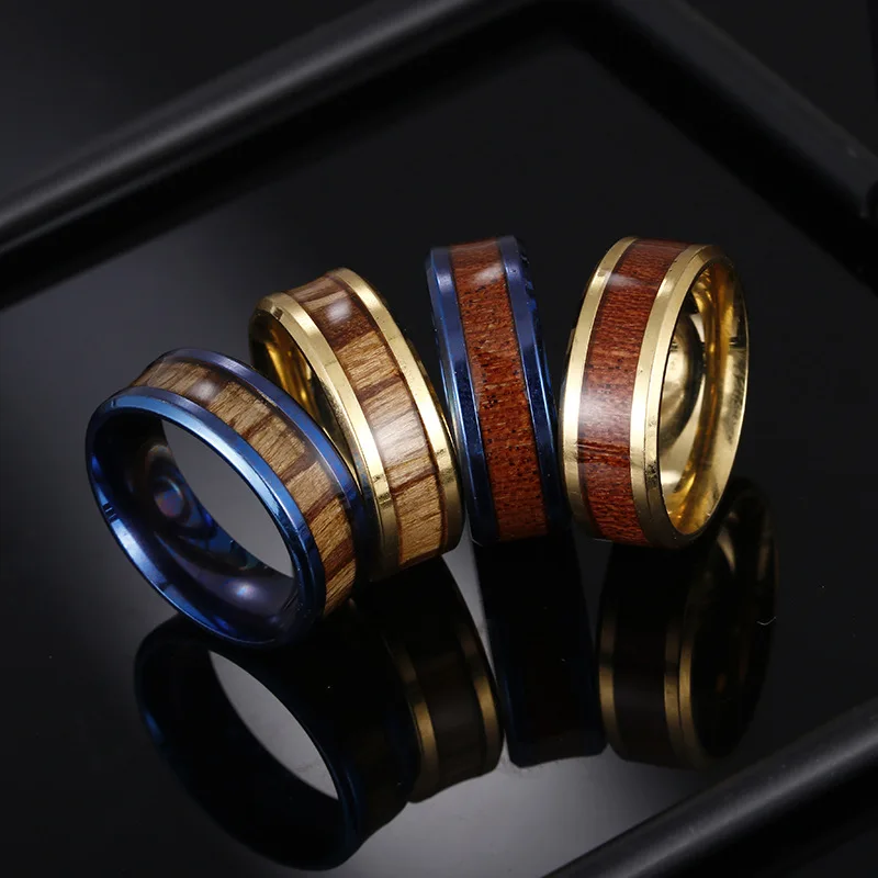 

Anillos De Oro Para Hombre Stainless Steel inlaid Teak Wooden Ring Erkek Yuzuk Gold Plated Steel Color Stainless Steel Ring, Gold,steel color,blue
