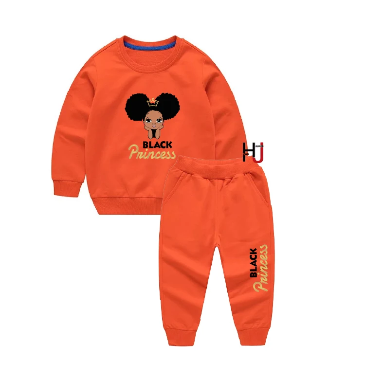 

Cute black African American Cotton Baby Girl Clothes Little Melanin Queen sweat suits Custom Printing sweatshirt and pants Child, As picture show