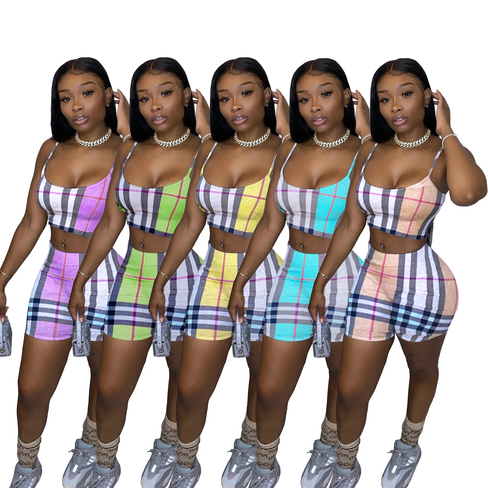 

FM-F8292 hot selling 2020 plaid women crop tops and women's shorts two piece shorts set woman