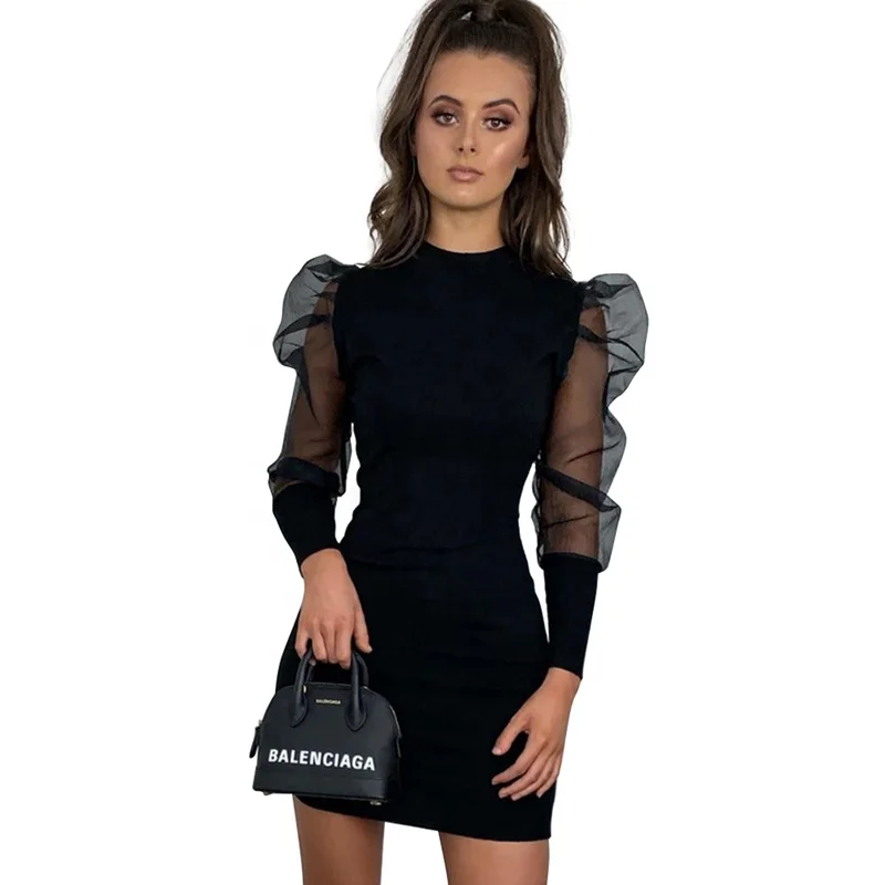 Sheer Puff Sleeve Dress Mini In Black Khaki