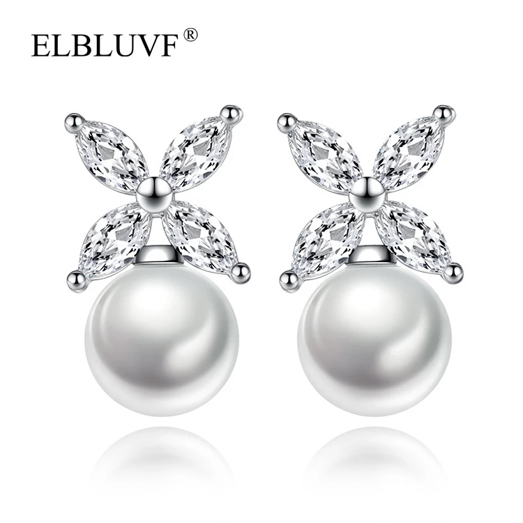 

ELBLUVF S925 Silver Plated Jewelry Bow Shape Zircon Pearl Earrings Jewelry