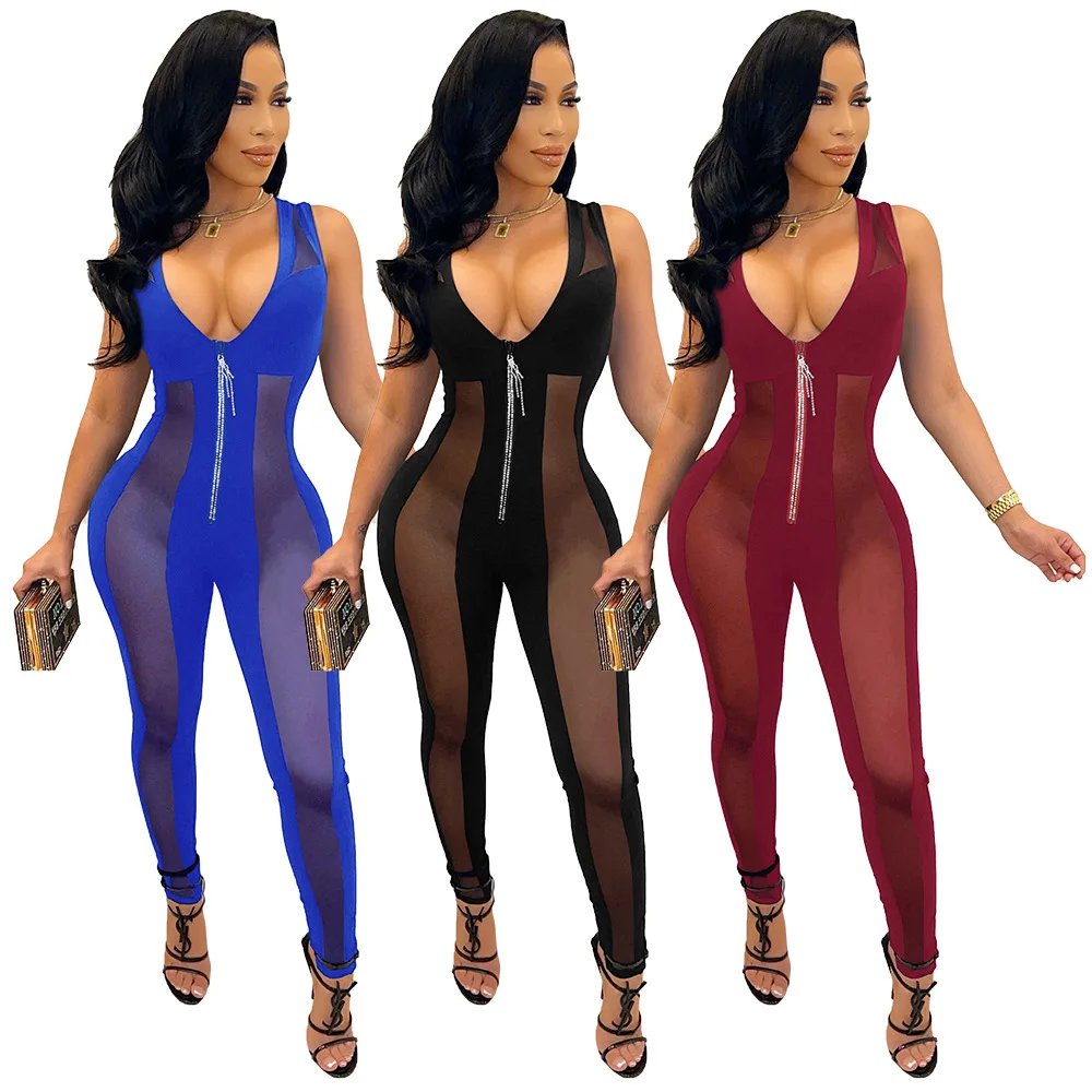 

Solid Color Mesh Playsuit Stitching Sexy Deep v Romper Hollow Perspective Masonry Zipper Sleeveless Jumpsuit, Customized color