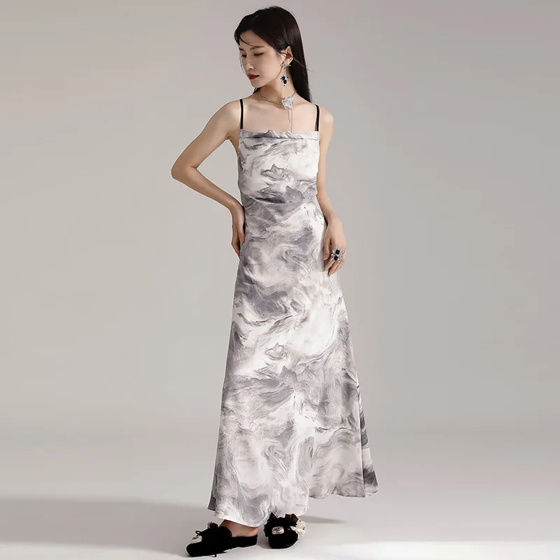 

Summer 2023 High-Waisted Strap Dress Chinese Style Ink Painting New Chinese Swing Collar Slip Backless Long Temperament Dress