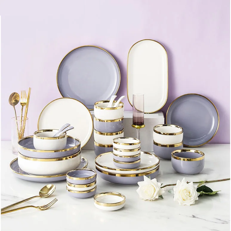 

Light Luxury European Ceramic Tableware Set Household Steak Plate Soup Plate Rice Bowl Spoon, White/purple