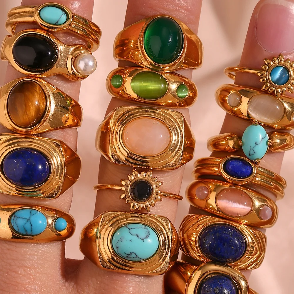 Christmas Gift Colorful Gemstone Ring Set PVD Gold Plated Stainless Steel Ring Statement Jewelry