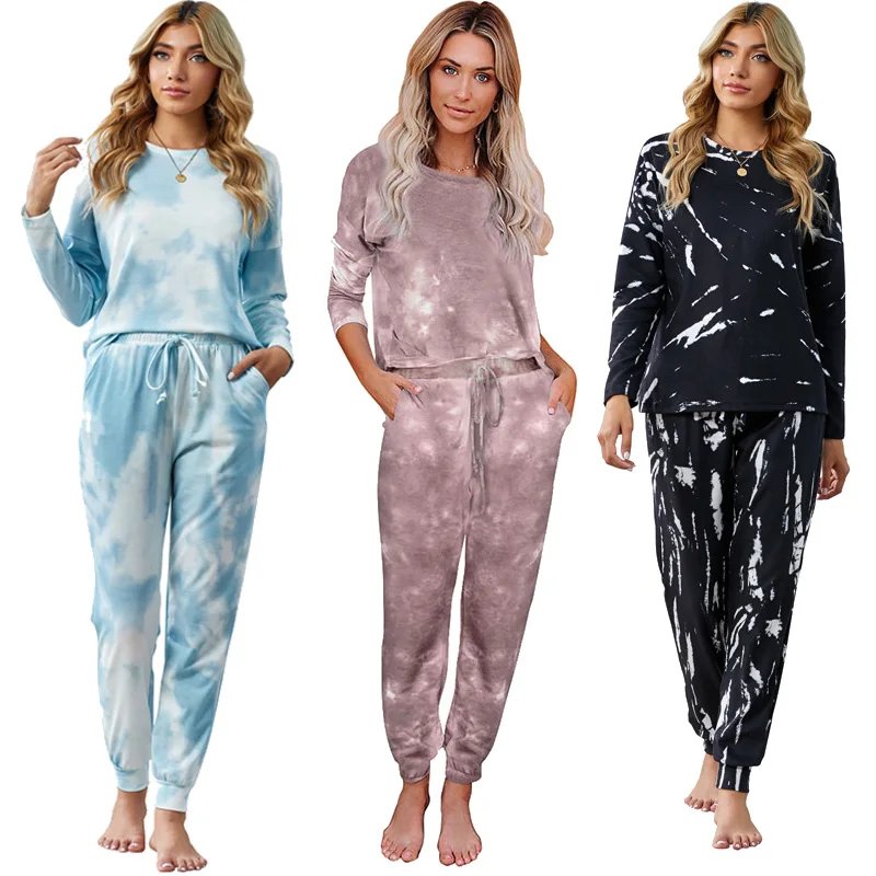 

2021 New Arrive Factory Wholesale Fashion Tie Dye Knit Long Sleeve Joggers Pajamas Set For Women