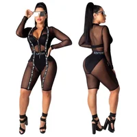 

OB5306 ladies stylish mesh letter patches long sleeve short jumpsuit