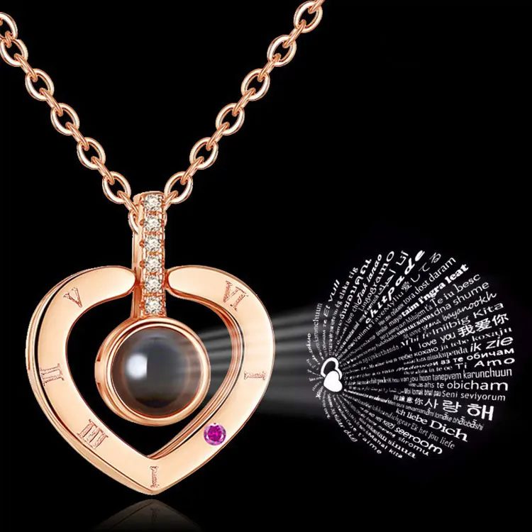 

Tiktok Hot Sale 100 Languages I You Necklace Jewelry Fashion Valentines Day Gift S925 Sterling Silver Inital Heart Necklace, Silver, rose gold, gold