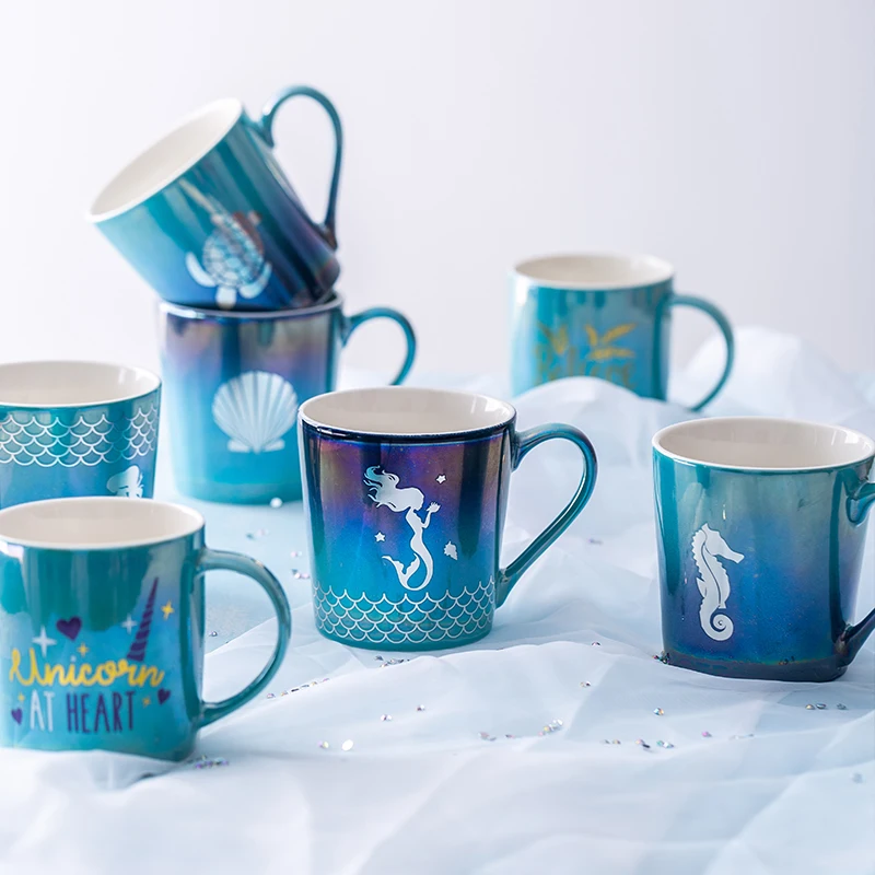

Wholesale Custom Logo 11oz pearl color glaze ocean design porcelain mug ceramic tea cup with decal, Assorted