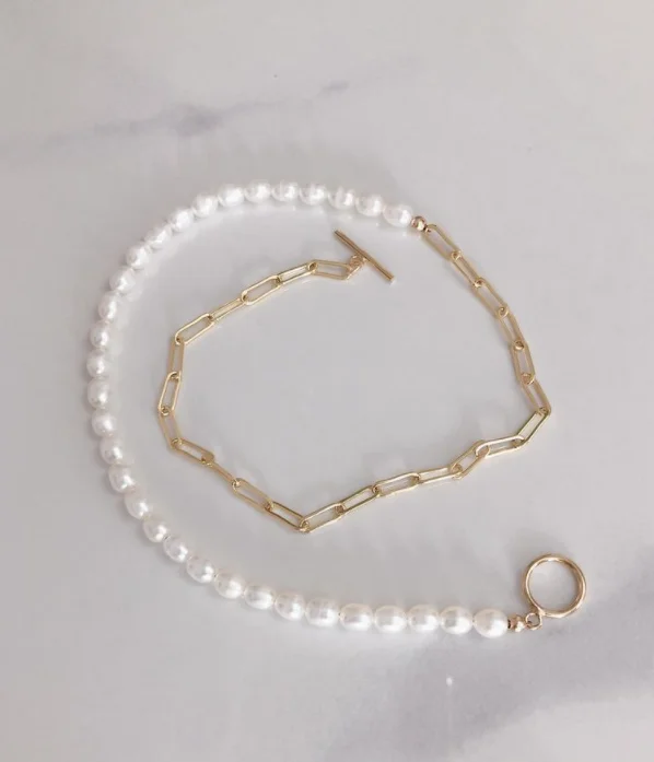 

New Design Charm Women's Jewelry Half Chain Toggle Clasp Necklace 18K Gold Plated Freshwater Pearl Toggle Clasp Necklace, Gold,rose gold,steel,etc