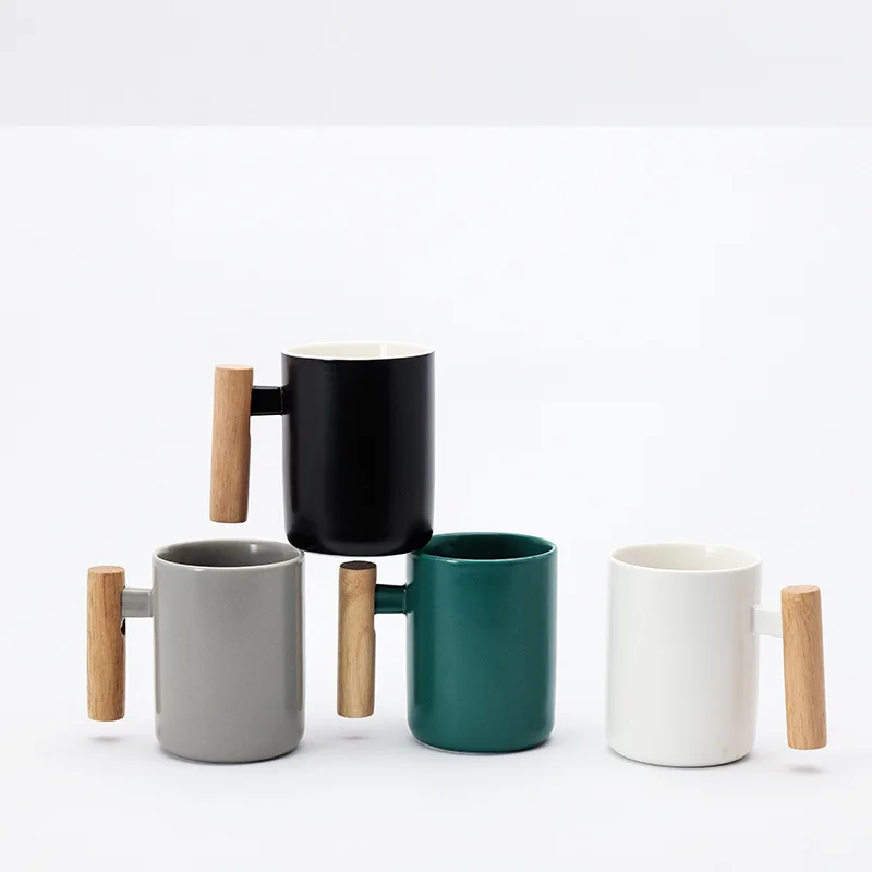 

New design creative wooden handgrip ceramic coffee mug customized, White,black,green,grey