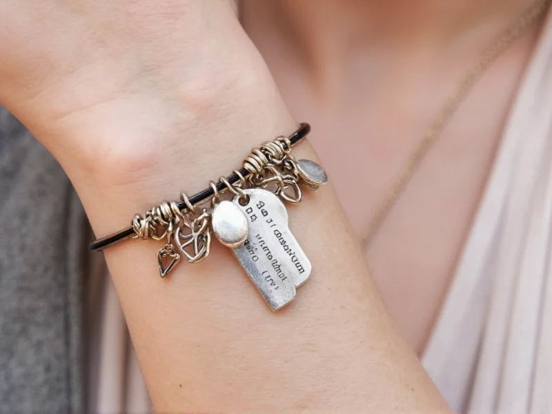 Close-up of personalized charm bracelet with hidden message details
