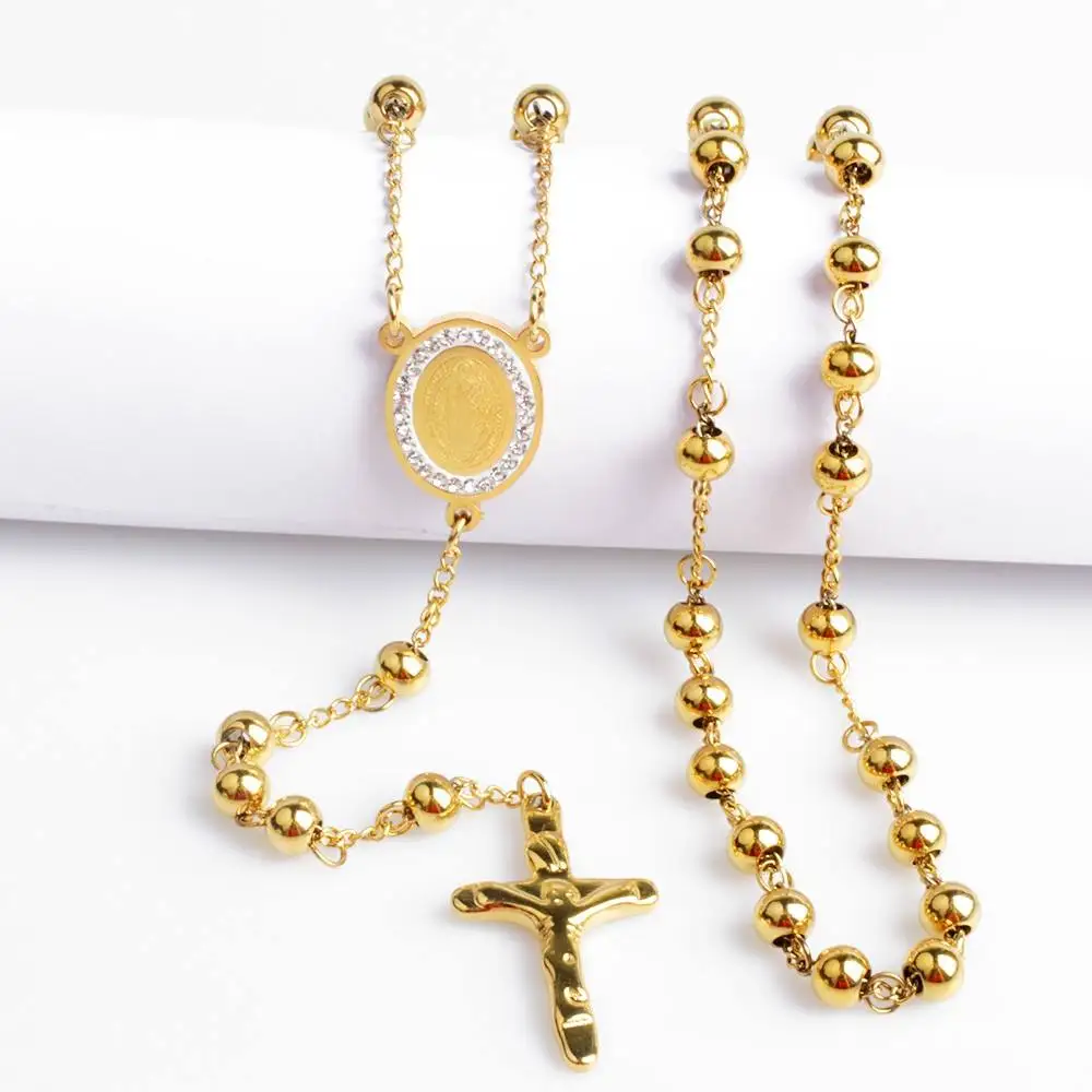 

Religious Long Prayer Beads Stainless Steel Gold Plated Virgin Mary Pendant Cross Catholic Rosary Necklace