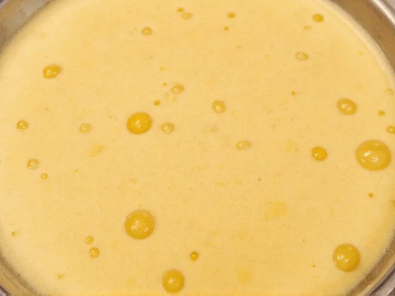 Close-up of pancake batter showing bubbles forming on surface