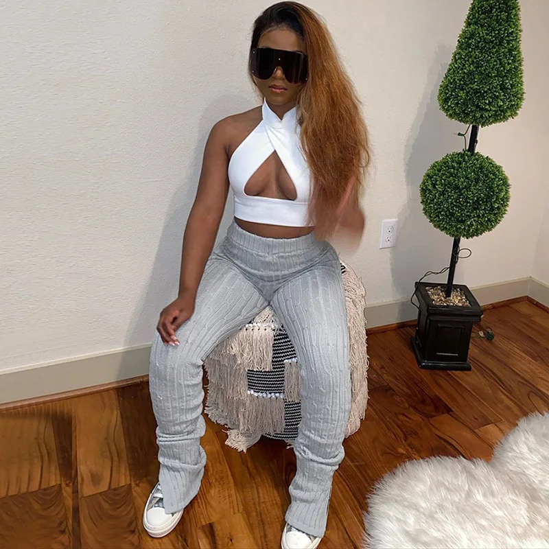 

fall women knitted stripe high waist free size stretch trousers for women split leg thick winter stacked women casual pants, Custom choose