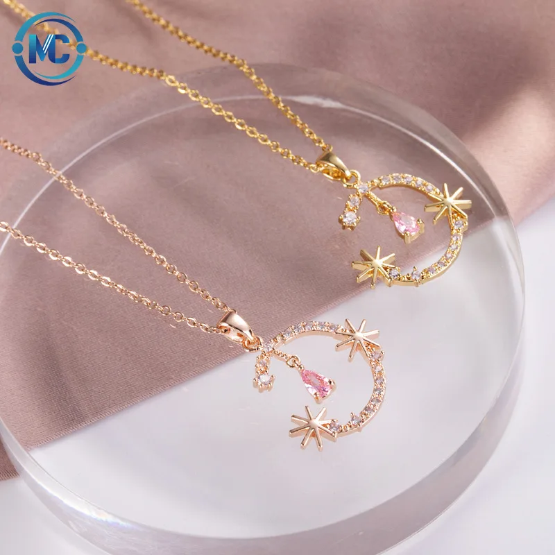 

minimalist trendy vintage lover gift micro pave zircon moon star flower titanium steel cuban necklace for women