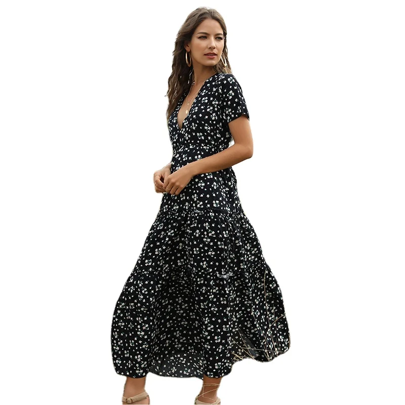 

Summer Women Clothing Floral short sleeve dress women Casual lady elegant Boho maxi dress women