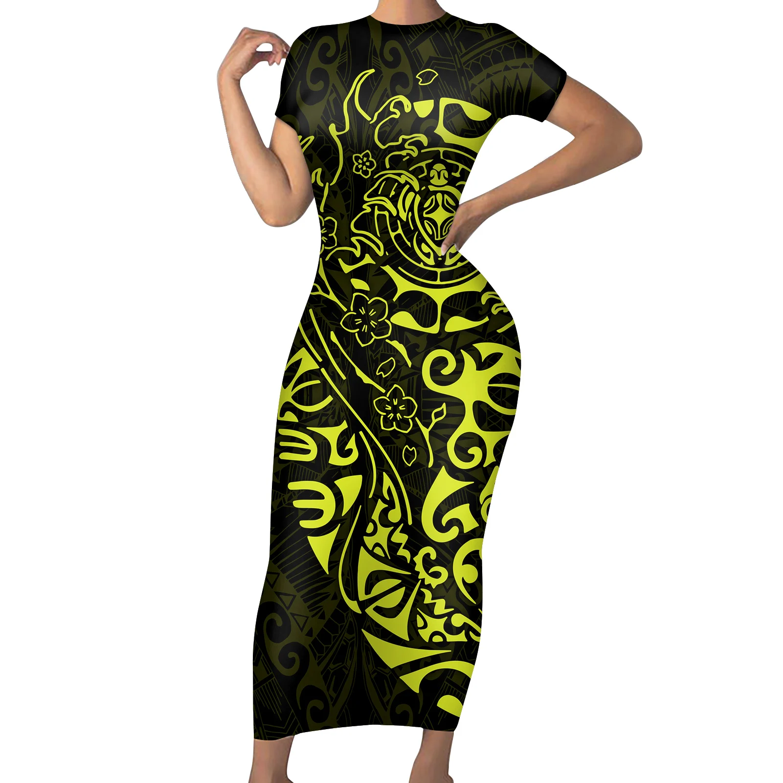 

New Samoan Tribal Design Women DailyDresses Polynesian Print Clothing Plus Size Fat Female Outfit Fashion Floral Maxi Dress MOQ1, Customized color