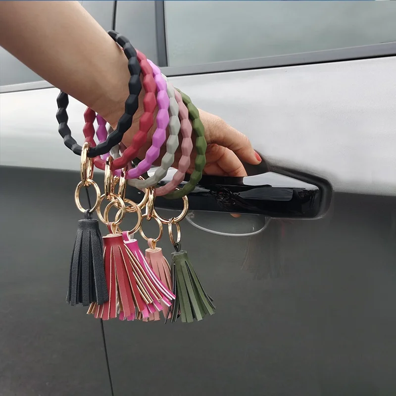 

Fashion Jewelry Rhombus Silicone Bracelet Keychain Key 2 Circle Anti-lost Tassel Bangle For Women Girls Accessories