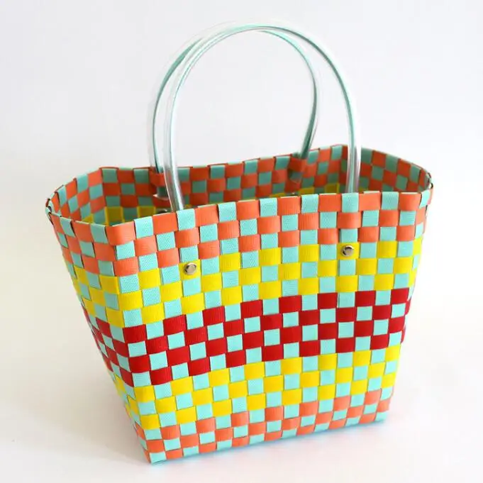 

Summer Beach Basket Bag Capacity Heavy Duty Handmade Woven PP Plastic Handbag Green Plaid Checks Teacher Tote Shopping B, 1 colors