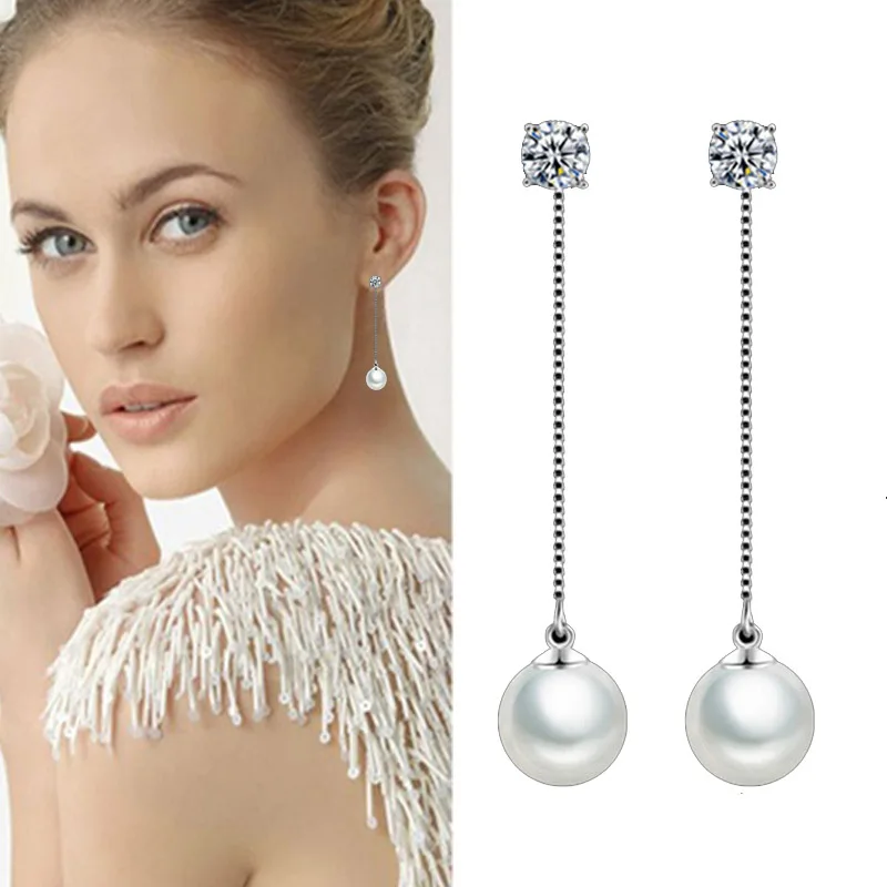 

Women's Earring Simulated Pearl Long Chain Cubic Zirconia Earrings Bridal Wedding Earings Fashion Jewelry