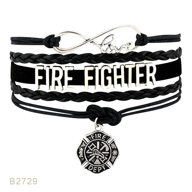 

Factory Custom Made Infinity Love Firemen Fireman Firefighters Fire Fighters Wife Mom Red Black Firefighter Bracelets for Women, Silver plated