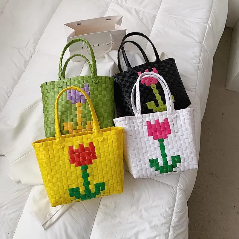

Plastic Weave Tote Bags for Women 2021 Summer New Shopper Handle Bag Lady Beach Handmade Hand Bag