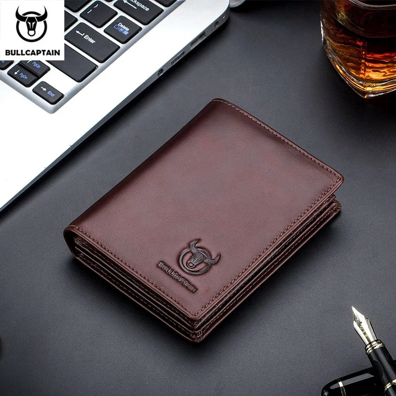 

BULLCAPTAIN new RFID men's leather wallet short vertical locomotive British leisure multi-function card package leather wallet, Brown