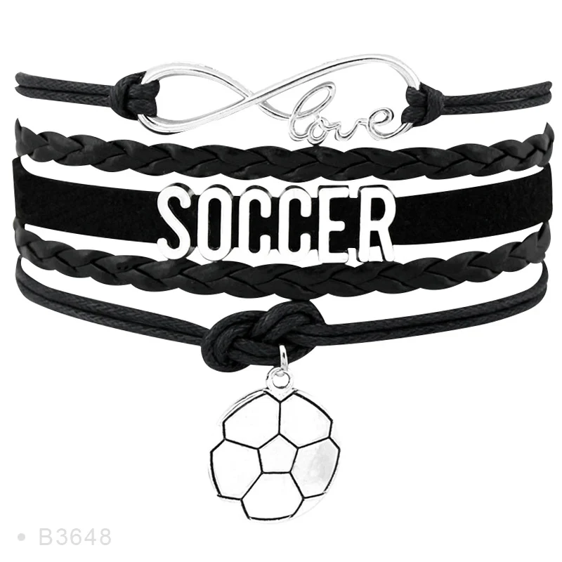 

Factory Custom Made Infinity Love Football Soccer Mom Faith Football Charm Leather Men's Soccer Bracelets for Women, Silver plated