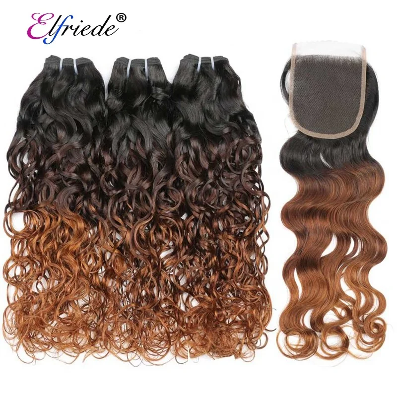 

#T 1B/4/30 Water Wave Ombre Hair Bundles with Lace Closure 4"x4" Brazilian Remy Human Hair Wefts with Closure JCXT-259