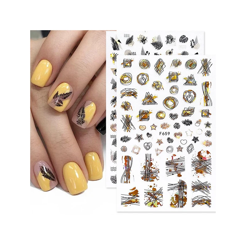 

New black laser gold autumn leaf nail sticker wraps adhesive shiny diy nail decorations coconut tree leaf 3d nail sticker, Picture