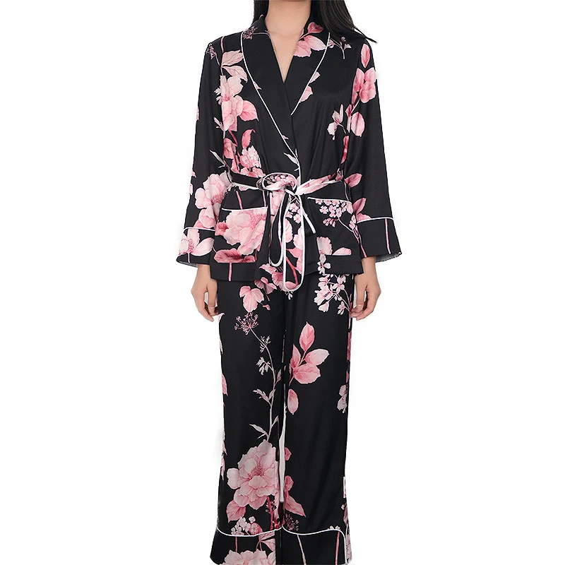 

GUIXIU Women Silky Satin Long Sleeve Pajamas A girdle robe Floral Print long pants Set Loungewear Sleepwear, Customized color