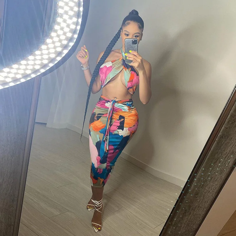 

Summer Outfits 2021 Sexy Halter Tie Dye Skirt Set Womens Print Long 2 Piece Skirts Sets For Women