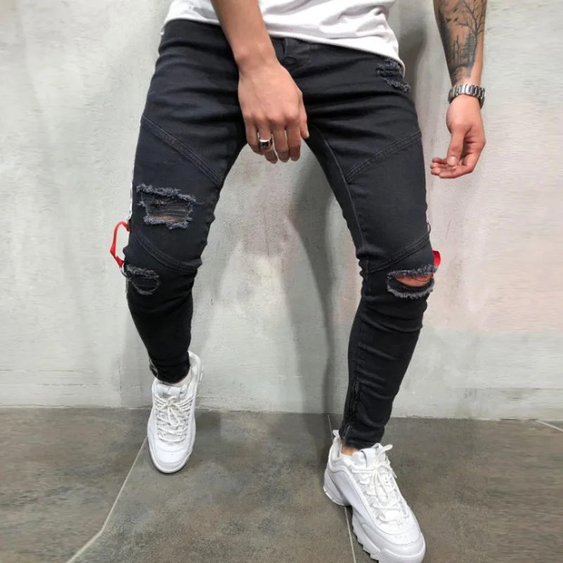 

AIPA New Men Biker Jeans Hole Feet Trousers Black Feet Zipper Side Stripe Fashion Elastic Ripped Slim Fit High Quality Jeans, Customized color