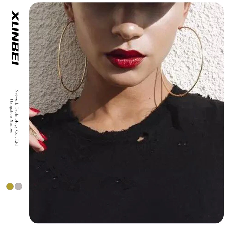 

2021 fashion wholesale trendy Large Gold Silver plated Stainless Steel big Hoop Women Big Circle clip on Ear Rings Earrings