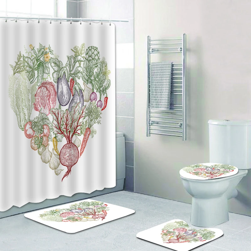 

180x180cm customizable partition bathtub shower curtain bathroom non-slip white background vegetable mat four-piece toilet set, Picture