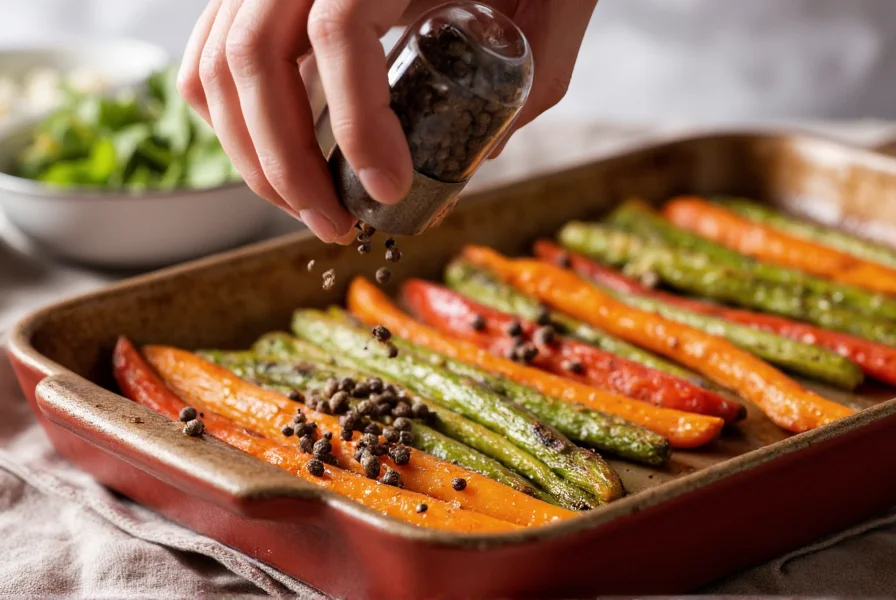 Hand sprinkling black pepper from grinder onto roasted vegetables with nutritional information overlay