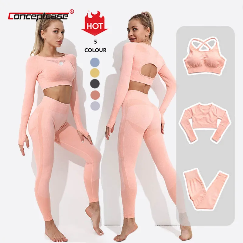 

Gym Wear Fitness Clothing Workout Ribbed High Waist Active Wear Yoga Sports Bra Set Seamless Plus Size 3 Piece Women'S Yoga Set