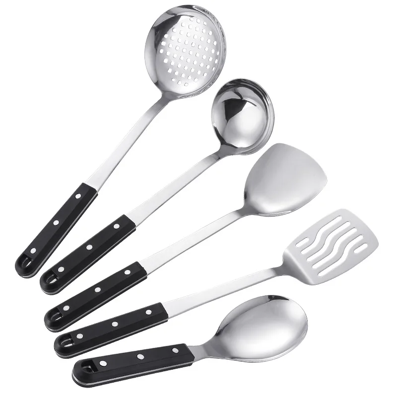 

wholesale domestic cookware set custom logo 201 stainless steel rubber handle soup ladle spoon colander frying spatula set, Stainless steel color