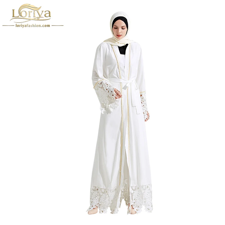 

fashion white lace pearl islamic clothing muslim front open abaya, White ,black