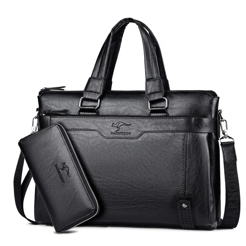 

classical multi-function 14 inch leather brown laptop briefcase bag male black handbag set with wallet shoulder bags