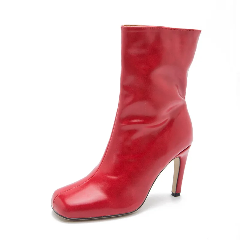 

sh12224a Winter Women Leather High Heels Square Toe Boots 2021 Women's Ankle Boots Shoes Size 36 - 43