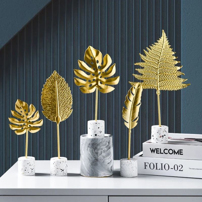 

Euro style gold leaves metal resin ornament for model house, White/gold