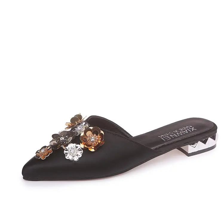 

Custom Logo Fashion Sexy Ladies Slippers Candy-Colored Pointed Flowers Bling Sequins Flat Square Heel Casual Women Slippers