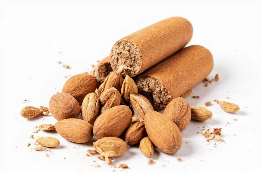 Close-up photograph of whole nutmeg seeds and ground nutmeg powder on wooden surface