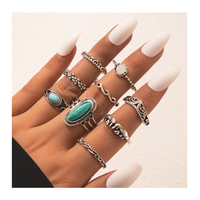 

Vintage Silver Color 9-pieces Set Rings Turquoise Elephant Flower Gemstone Geometric Metal Silver Rings