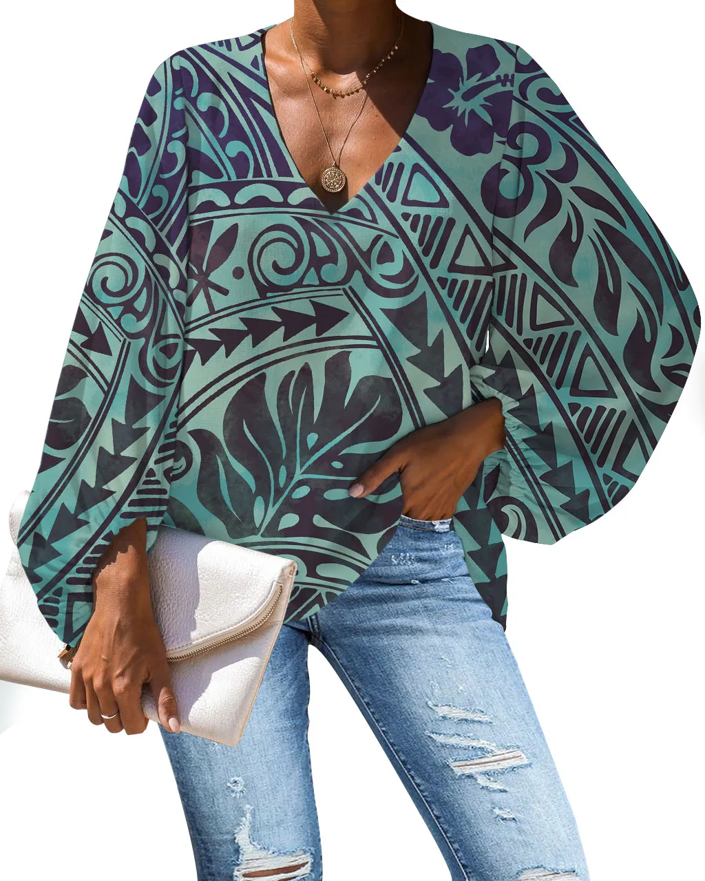 

Unique Design Loose Chiffon Blouse Shirt Tops Polynesian Samoa Tribe Style Green Hawaii Print Womens' V-Neck Long Sleeve 2020, Customized color