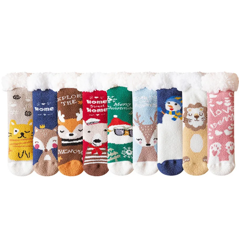XiangHui Coral Fleece Socks Female Autumn and Winter Plus Velvet Thickening Cute Christmas Home Sleeping Towel Warm Confinement