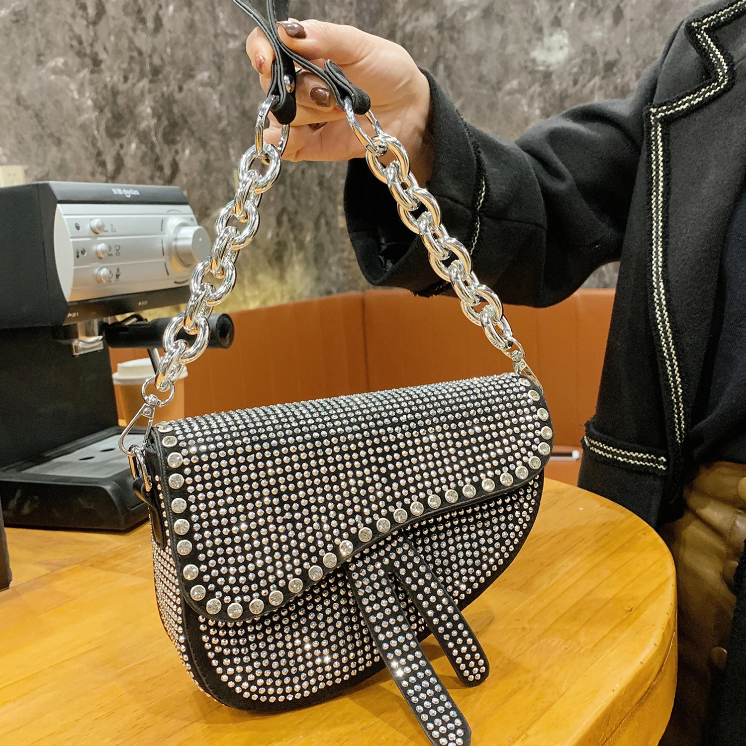 

Dropshipping fashion bags women handbags ladies shoulder hand bags luxury rhinestone saddle bag, Sliver,black