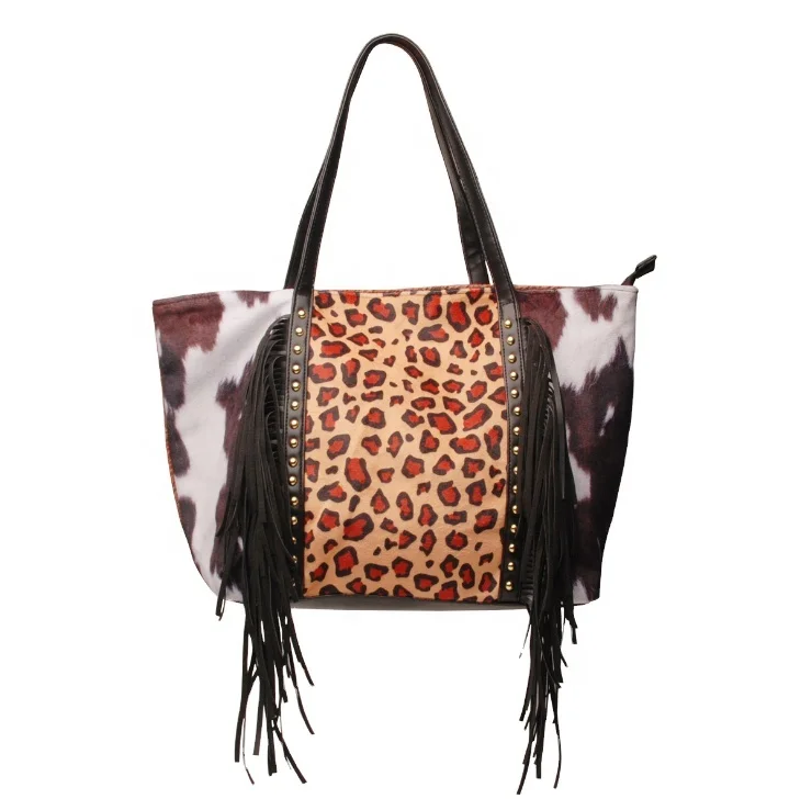 

Wholesale PU Large Capacity Cow Leopard Cow Print Sunflower Rivet Fringe Tote Bag